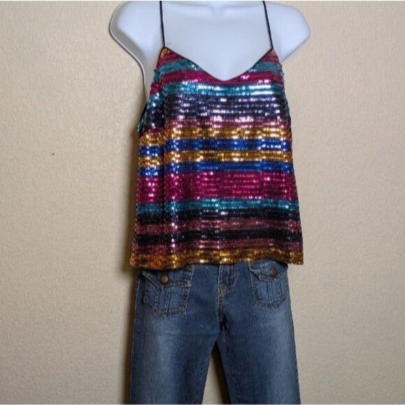 WAYF Rainbow Striped Sequin Cami Tank Top Size Large Festival Rave Party Y2K - Picture 1 of 10